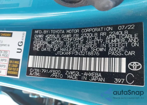 2022 Toyota Prius Prime Le из США, поврежденный, VIN JTDKAMFP3N3218876